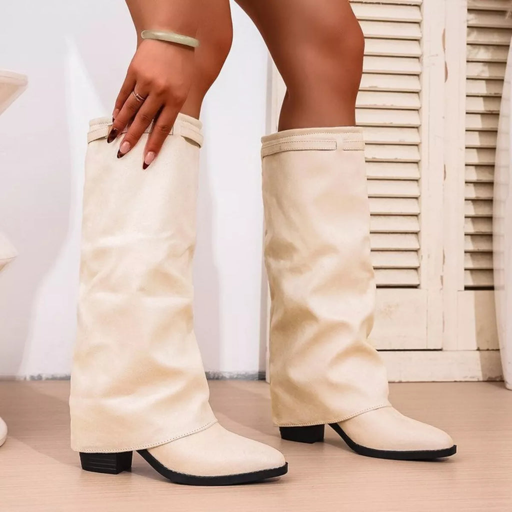 Modern Versatile Point Toe Block Heels Knee High Boots for Women