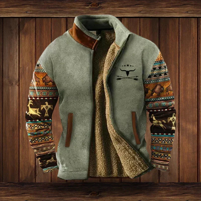Winter Men's Casual Ethnic Western-Style Jacket with Fleece Lining for Outdoor Outings