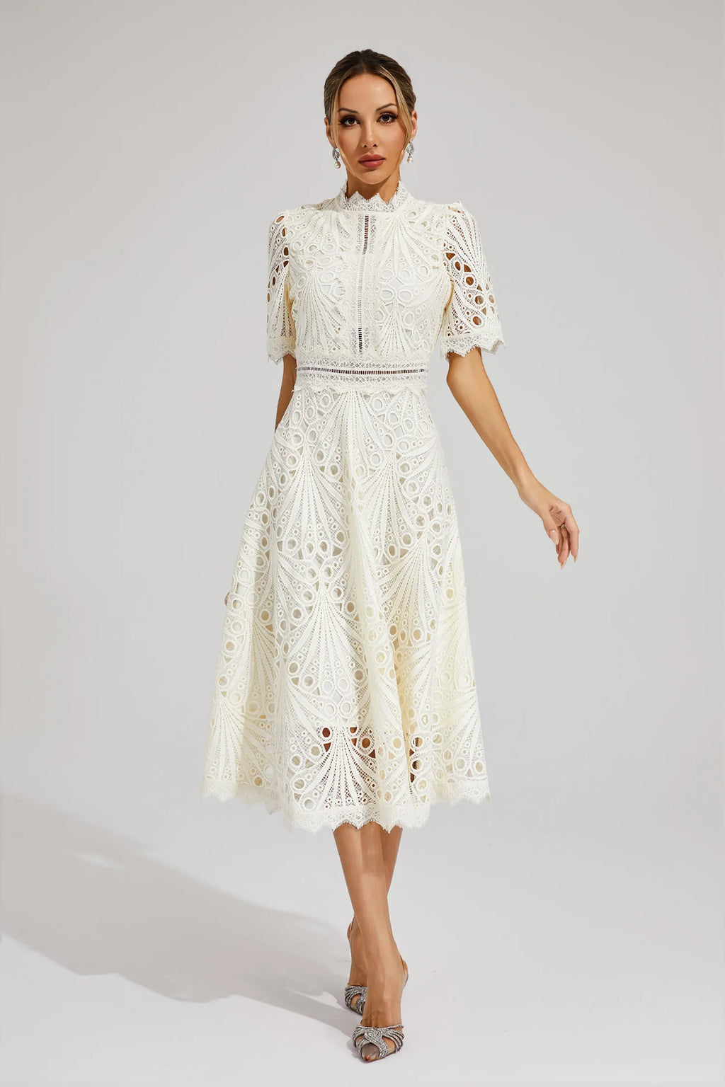 Exquisite Airy Lace Wedding Party Midi Dress for Women