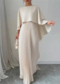 Women’s Pleated Cape Overlay Maxi Dress Elegant Evening Wear