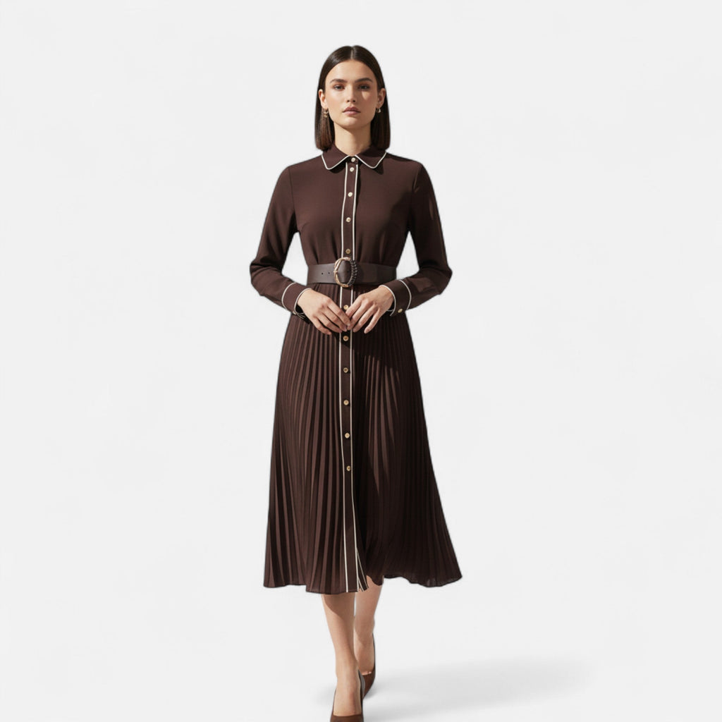 Women’s Chiffon Season Belted Turn-Down Long Midi Dress