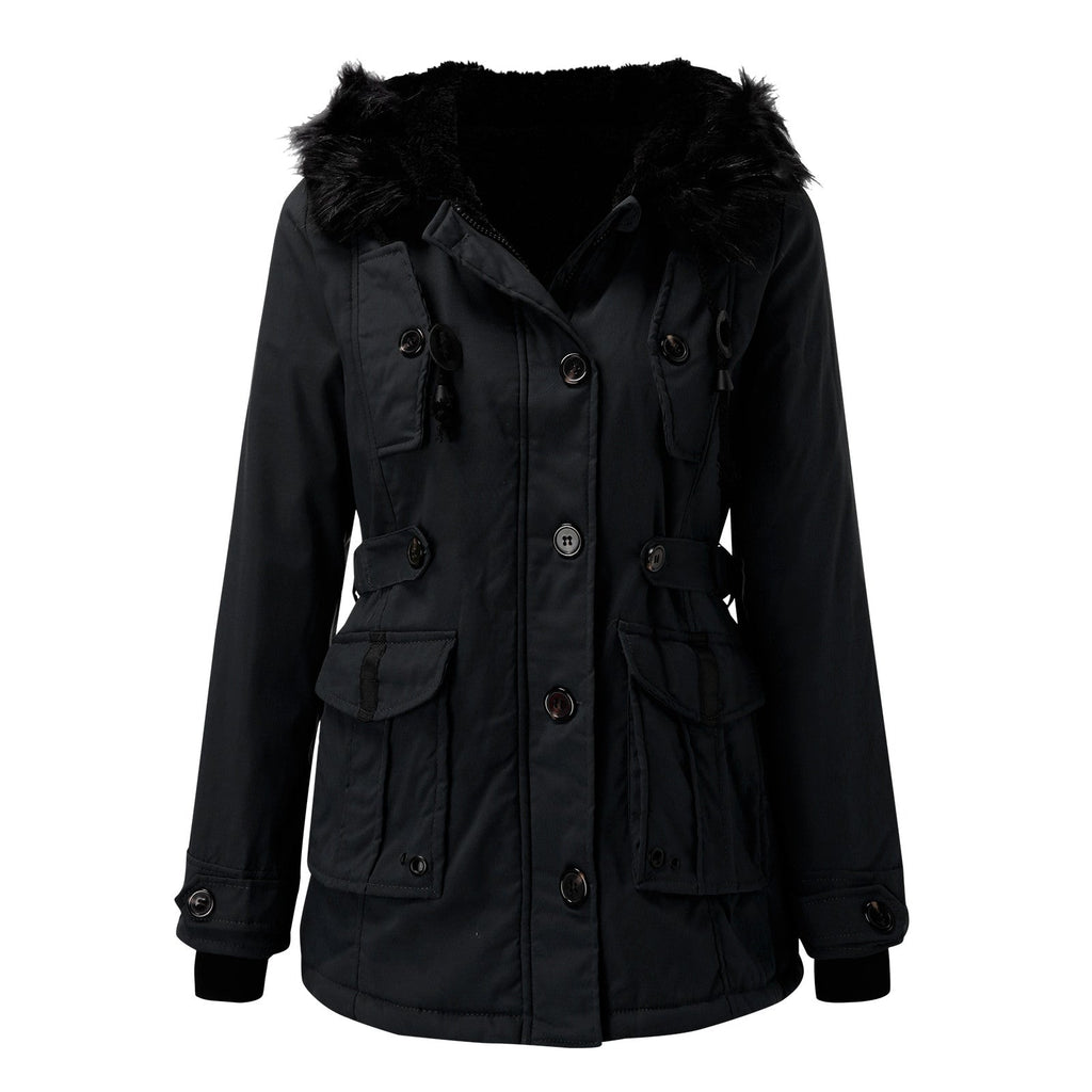 Women’s Warm Hooded Coat Fitted Winter Button Zip Jacket