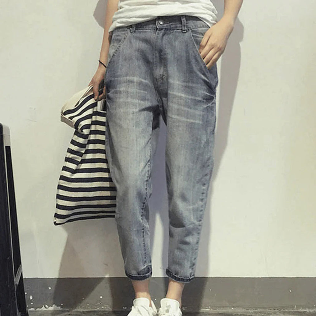 Women's Mid-Rise Loose Pocket Cropped Baggy Jeans