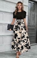 Women's Modern Printed Botanical Patterns Maxi Dress with Waist Belt and Crew Neckline