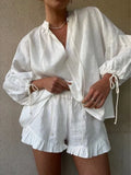 Women's Ruffle Two-Piece Lounge Set with Adjustable Tie Sleeves