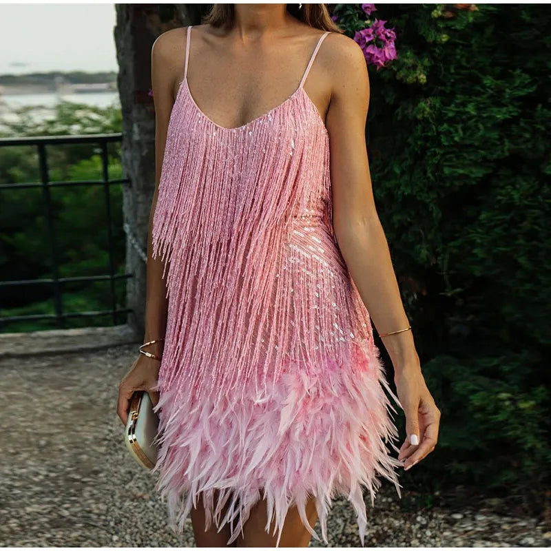 Dazzling Shimmering Sequin Feather Mini Party Evening Dress for Women
