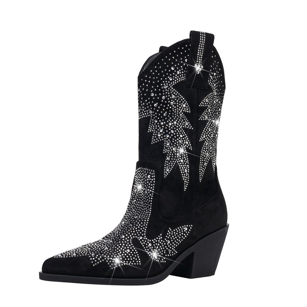 Women's Classic Trendy Rhinestone Mid Calf Cowboy Boots
