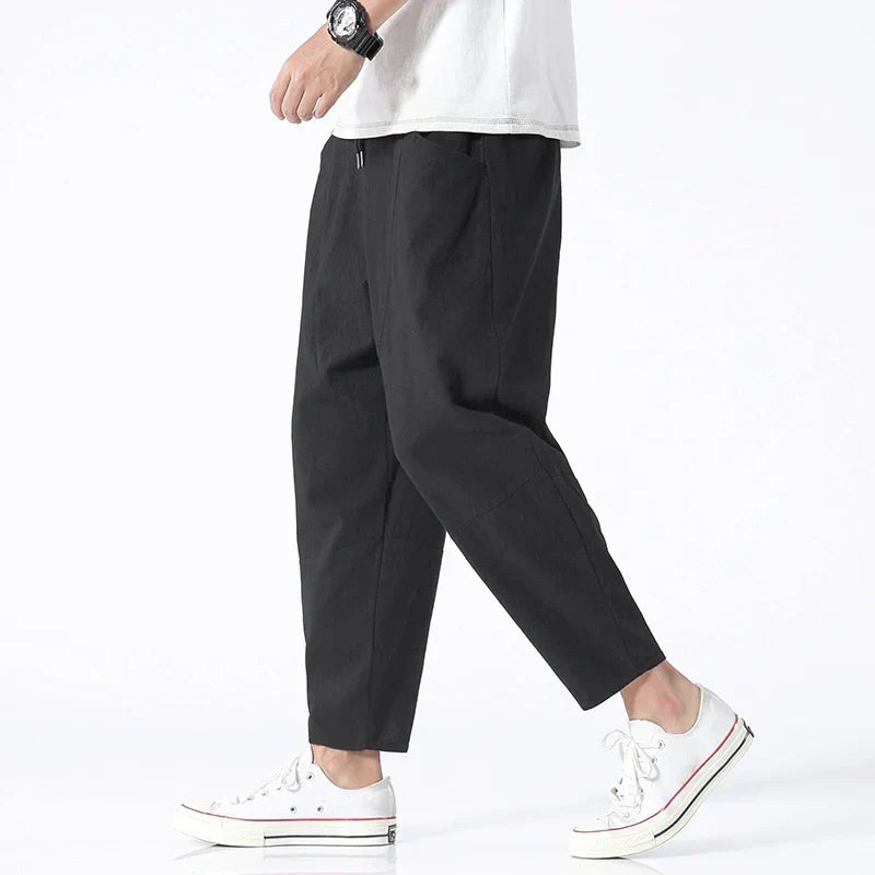 Men's Casual Breathable Cropped Pants with Adjustable Drawstring Waist
