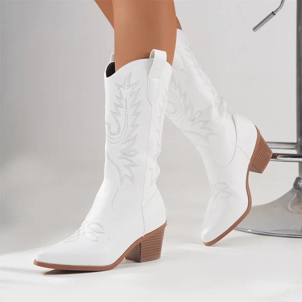 Fashion Outdoor Embroidered Mid-Calf Block Heel Cowboy Boots for Women
