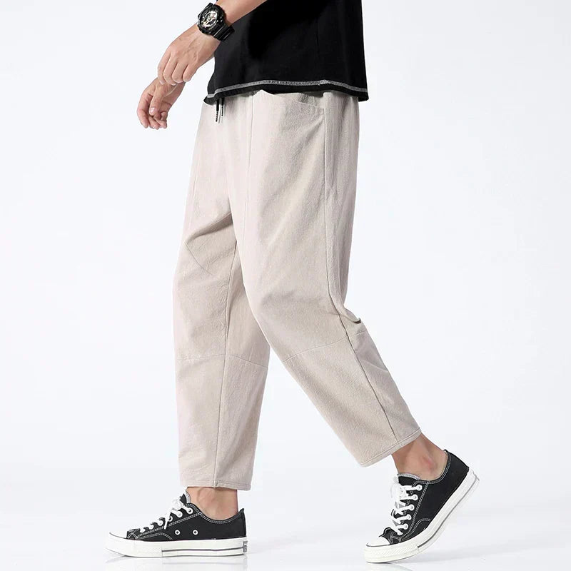 Men's Casual Breathable Cropped Pants with Adjustable Drawstring Waist