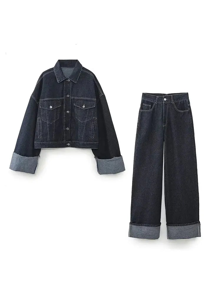 Women's Trendy Fashion Denim Set – Short Jacket & Wide-Leg Jeans