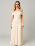 Women Classic Trendy Off-Shoulder Occasion Pleated Maxi Wedding Guest Dress