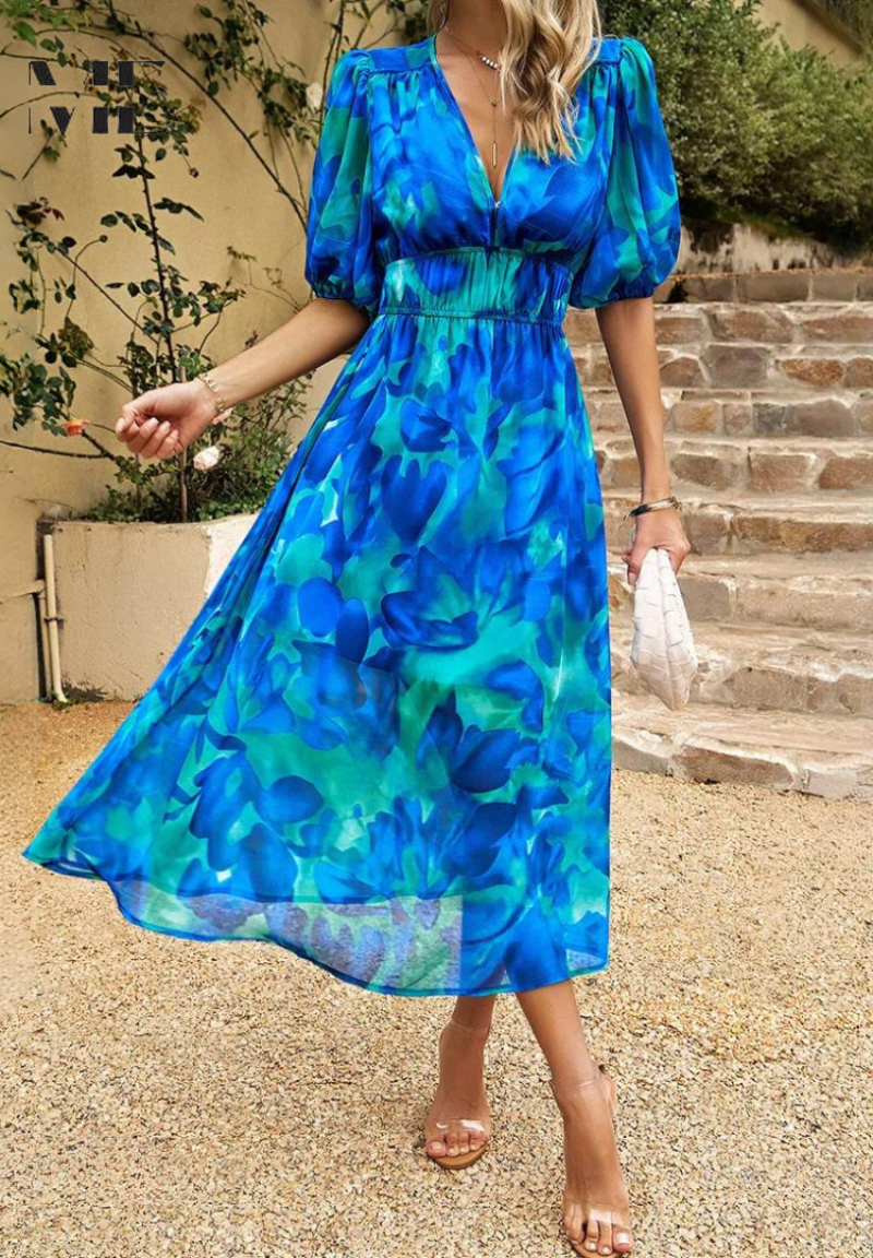 Women's Fashion Summer Floral Print Midi Dress with Puff Sleeves