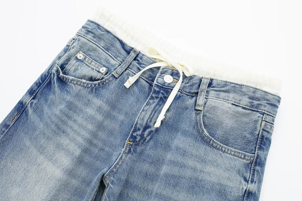 Women’s Retro Mid‑Waist Straight‑Leg Jeans with Lace‑Up