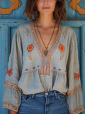 Trendy Festive Summer Airy Embroidery Bohemian Blouse for Women